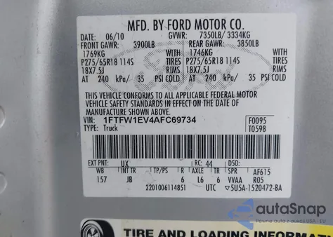 2010 Ford F-150 Fx4/Harley-Davidson/King Ranch/Lariat/Platinum/Xl/Xlt z USA, uszkodzony, nr VIN 1FTFW1EV4AFC69734
